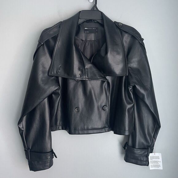 NEW Faux Leather Jacket Asos Women's Size M Cropped Double-Breasted Moto Chic - Picture 1 of 14